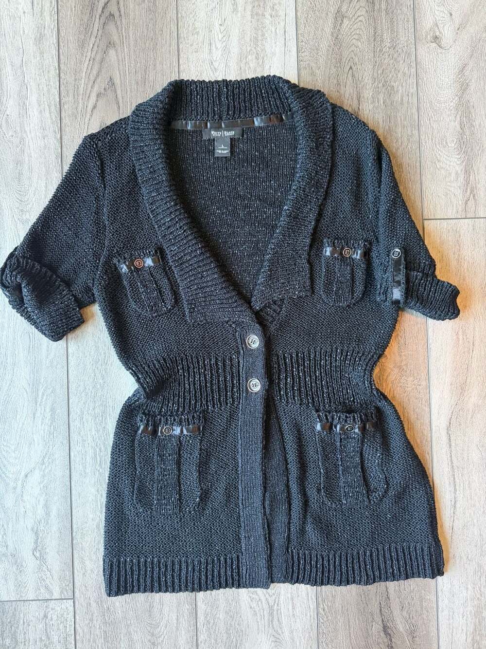 White House Black Market Black Knit Short Sleeve Cardigan Sweater with Pockets